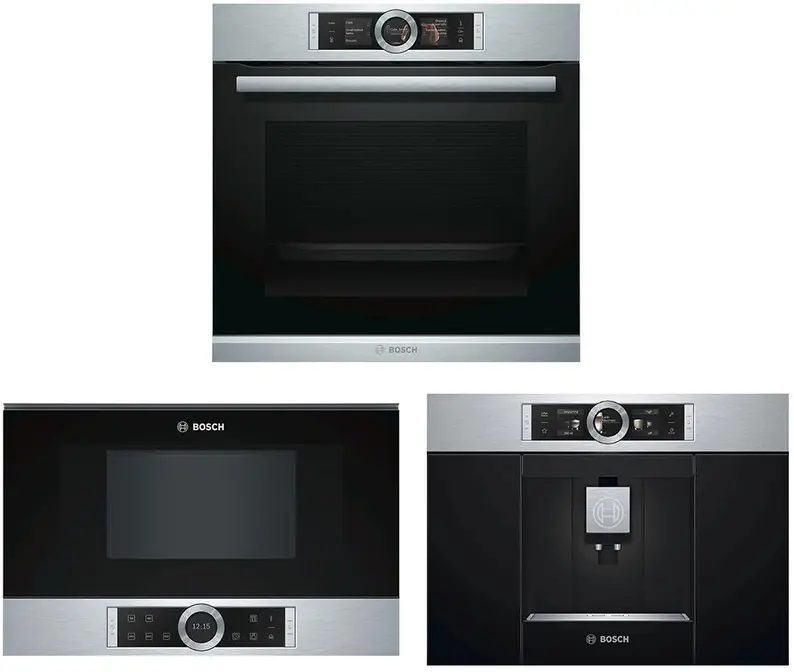 Bosch (духовой шкаф HSG636BS1 + кофемашина CTL636ES1 + микроволновая печь BFR634GS1)
